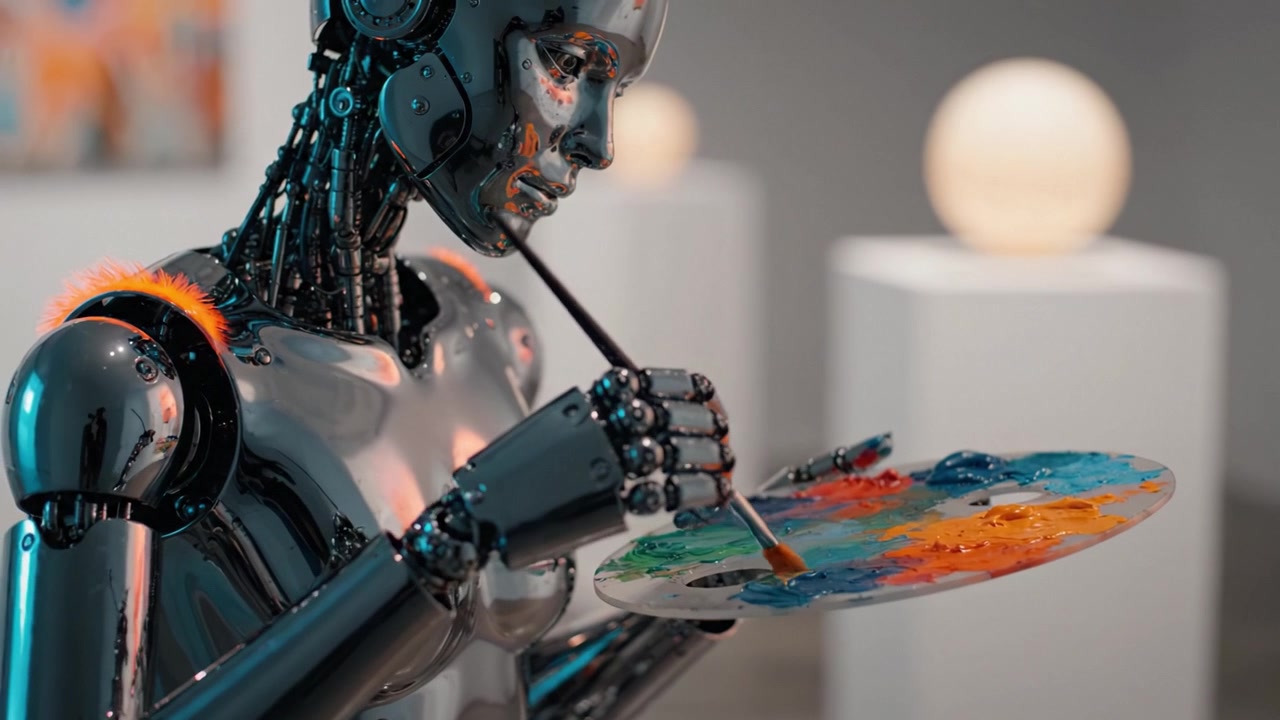 Un artista robotico dipinge creativamente su una tavolozza, fondendo tecnologia e arte in un'ambientazione di galleria moderna, mostrando un'espressione artistica innovativa.