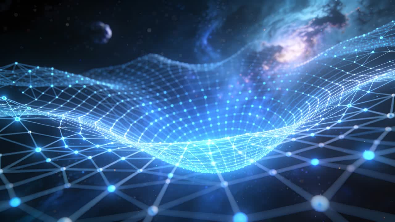 Blue wireframe mesh initiating pulse, undulating into central well, nodes brightening, showing tech