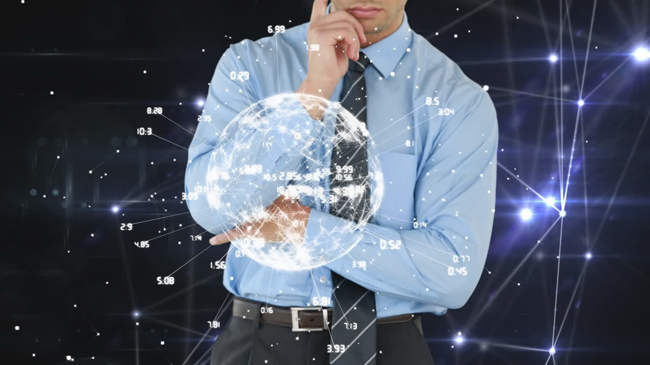 디지털 지구를 바라보는 사업가와 배경에 애니메이션 데이터