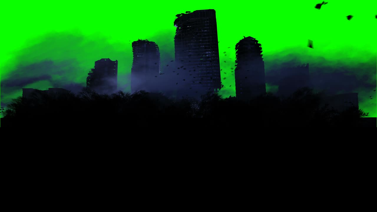 Apocalypse city in fog. Aerial View of the destroyed city. Apocalypse concept. green screen realistic 4k animation.