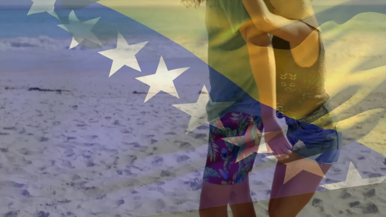 Animation of couple at beach with Bosnia and Herzegovina flag overlay