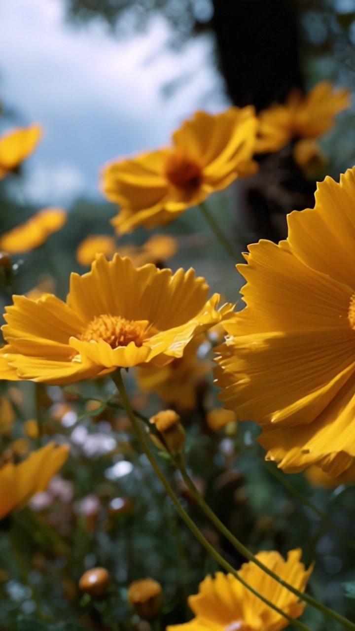Fiori gialli vivaci in fiore in una scena di giardino soleggiato, che catturano la bellezza della natura con petali luminosi e delicati steli verdi contro un cielo blu.