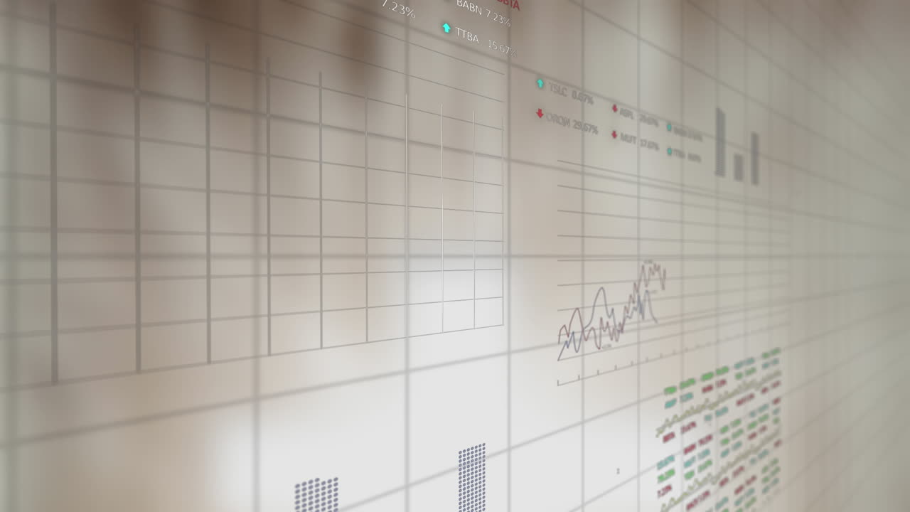 Animation of statistical and stock market data processing against grey gradient background