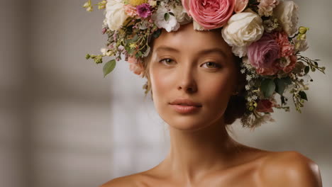 portrait of a woman adorned with a colorful floral crown