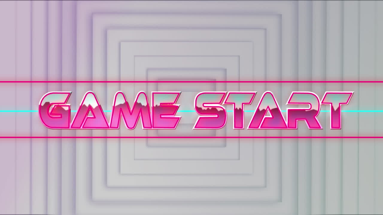 animación del banner de texto de inicio del juego contra un fondo blanco neumórfico con patrones cuadrados