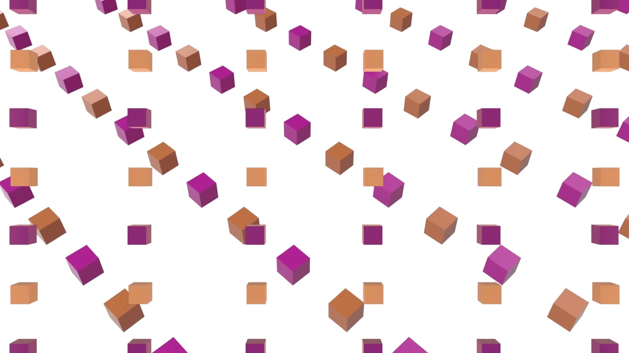 Animation of purple and orange 3d cubes rotating and floating against white background