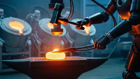 an innovative robot craftsman shaping a glowing metal ring with precision at a high-tech factory, igniting sparks in a dynamic metal forging process