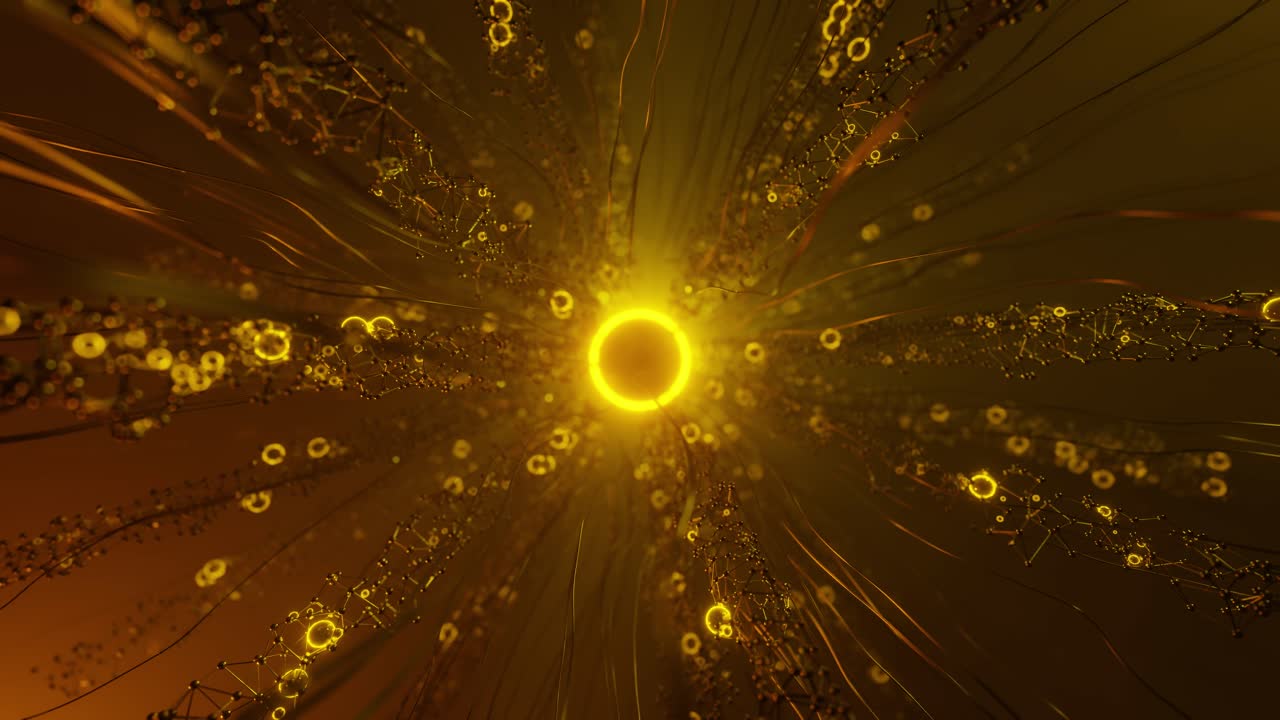 Virtual network with glowing center. 3d animation render