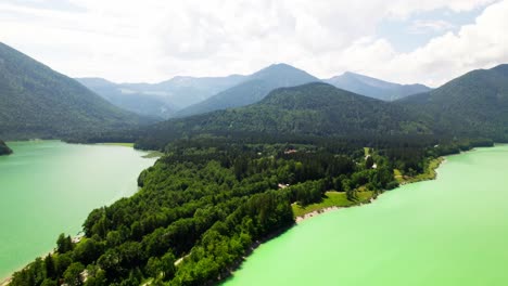 sylvenstein lake in bavaria, germany - aerial drone shot