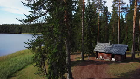 a secluded log cabin by a forest lake with a person on the path