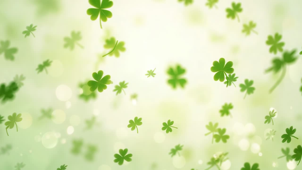 Glow brightening, four-leaf clovers drifting inward and rotating on green backdrop, stems visible