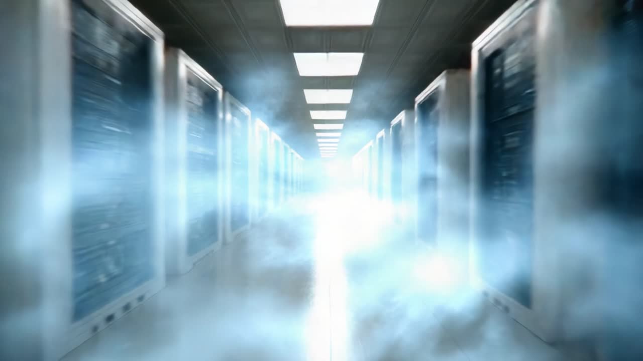 An Enigmatic Passage Through a Server Room Illuminated by Ethereal Light and Mist, Representing Modern Data Storage and Networked Technologies in a Futuristic Setting
