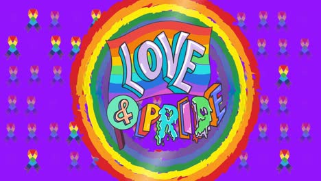 animation of rainbow circle and love and pride on purple texture with ribbons