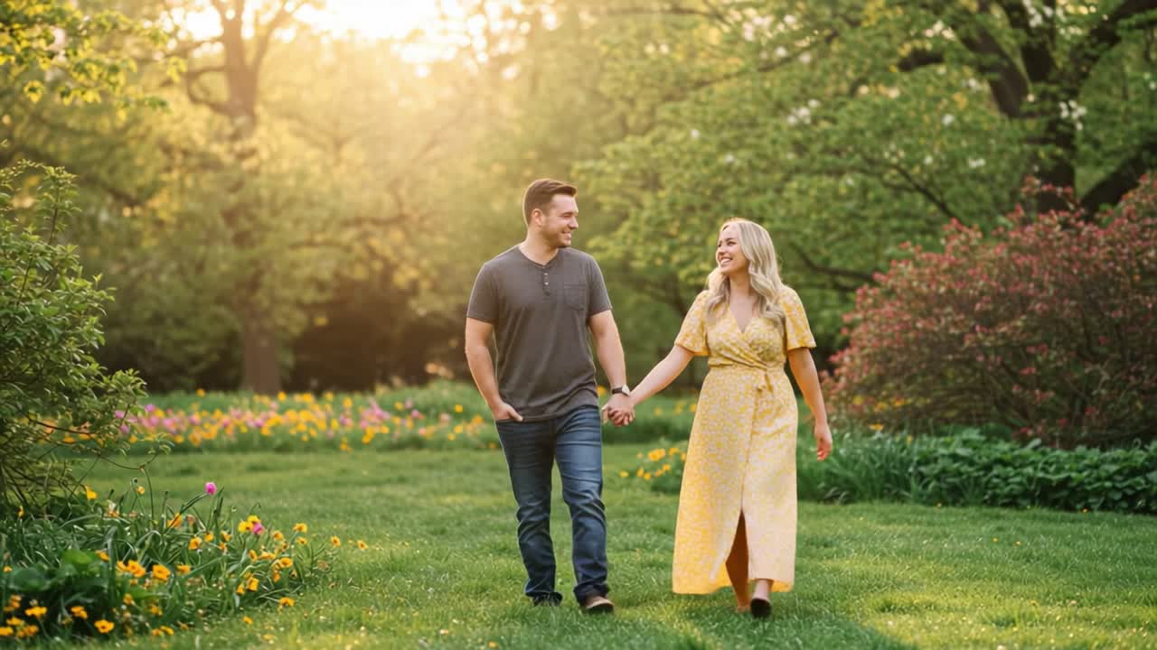 A Romantic Stroll Through a Lush Spring Garden: Capturing the Essence of Love and Connection Between Two People Enjoying Nature's Beauty