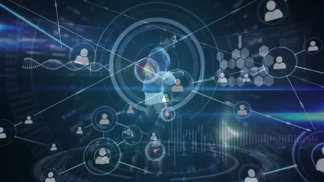 카우카스 남성 럭비 선수에 대한 다양한 데이터와 연결 네트워크의 애니메이션