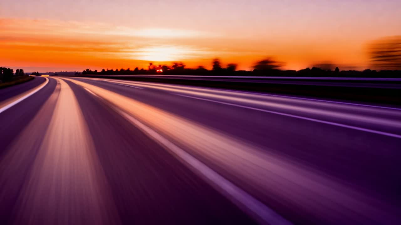 Telecamera bassa in movimento che filma corsie stradali sfocate verso l'orizzonte, con il sole che sorge, avviando il movimento e creando riflessi.