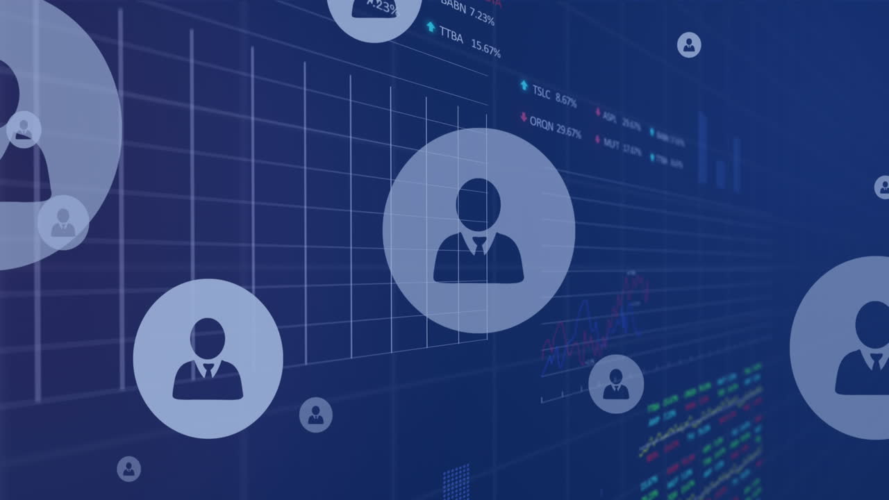 animación del procesamiento de datos financieros e íconos sobre fondo azul.