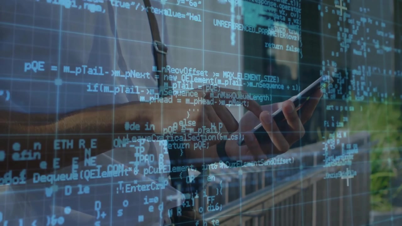 Adult man on balcony moving smartphone and tapping screen with code overlay appearing for debugging