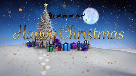 Happy-christmas-text-and-yellow-spots-floating-against-christmas-tree-and-gifts-on-winter-landscape