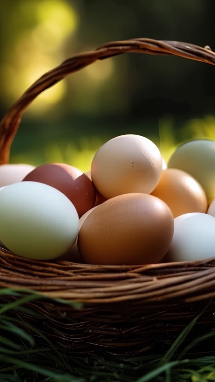Piękny kosz różnorodnych jaj zebranych w naturalnym otoczeniu, prezentujących różne kolory i tekstury, otoczonych bujną zieloną trawą w miękkim, naturalnym świetle.