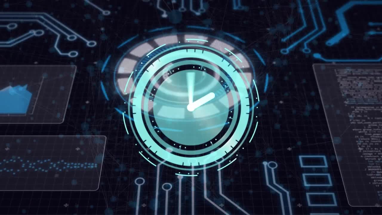Animation of clock moving fast over computer circuit board