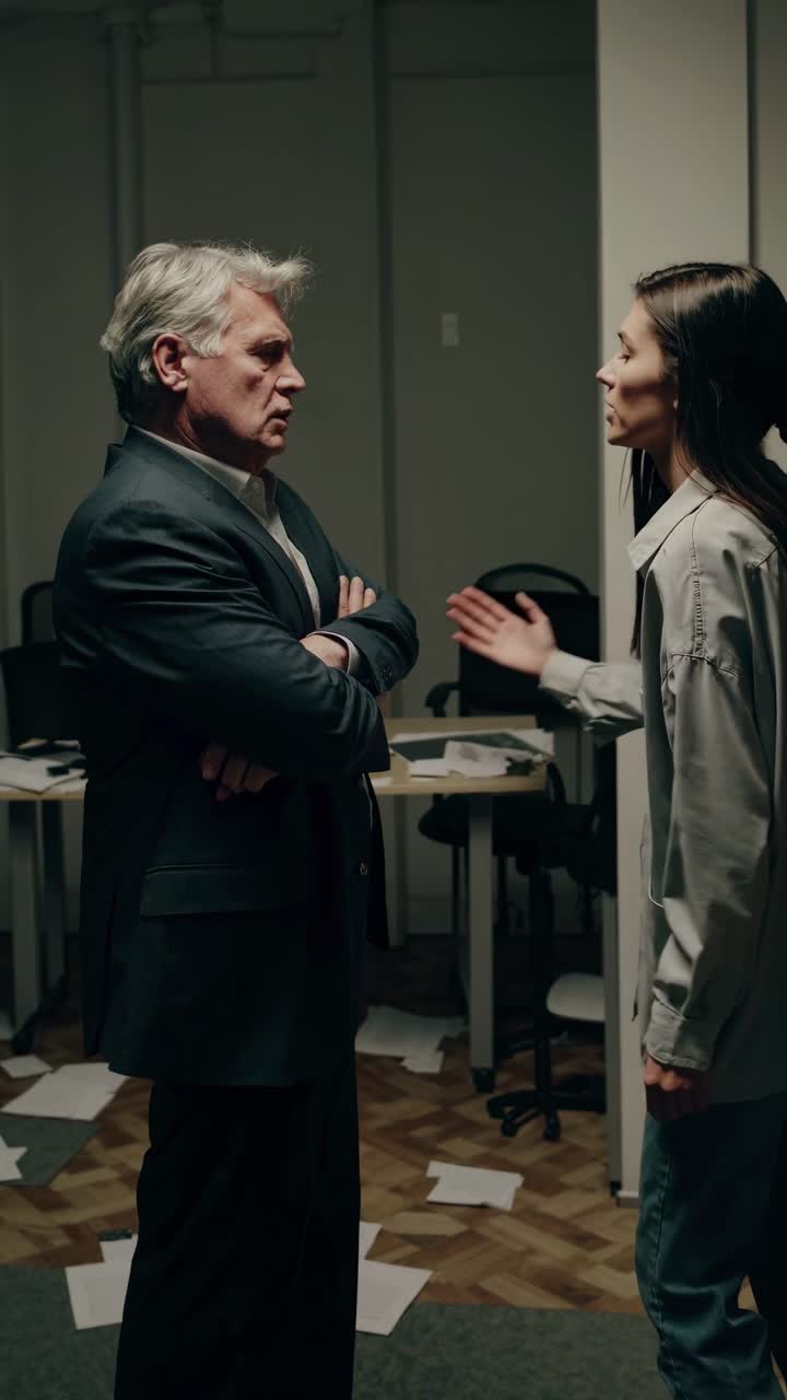Un teso confronto in ufficio catturato in un fermo immagine video. L'angolazione dal basso enfatizza l'intensità.