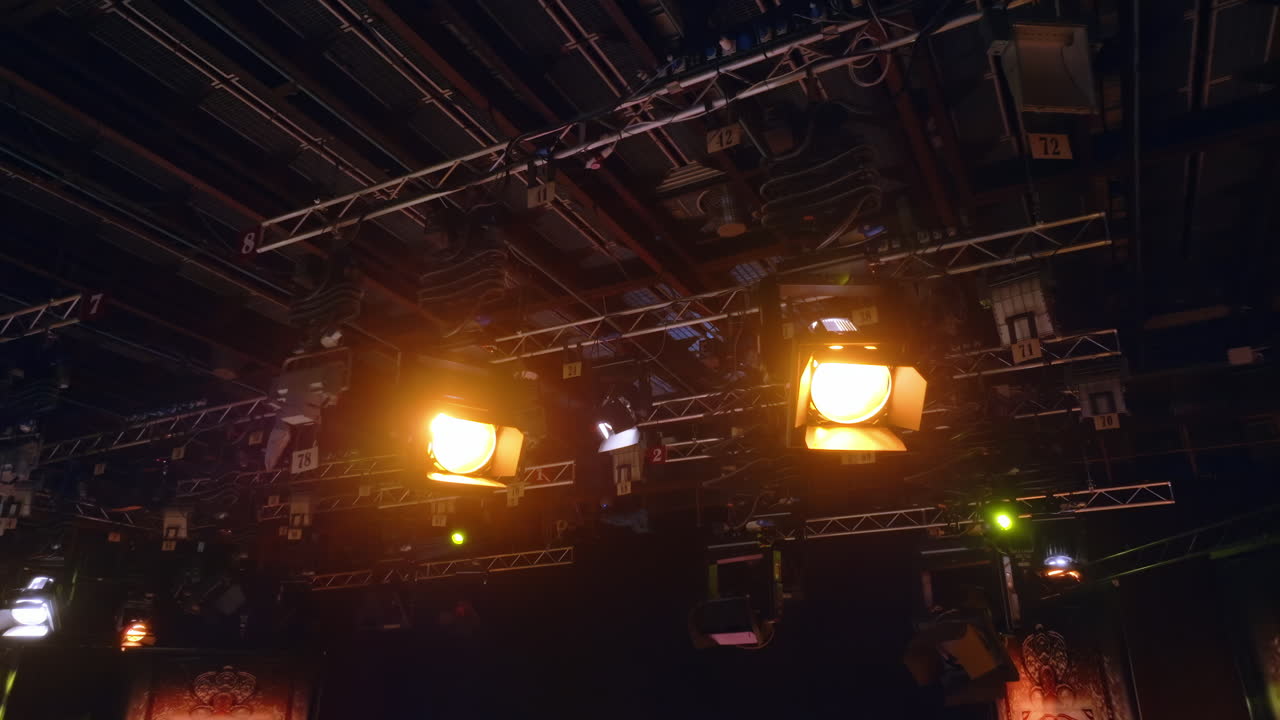 Flashing studio lights equipment on the ceiling of a TV set