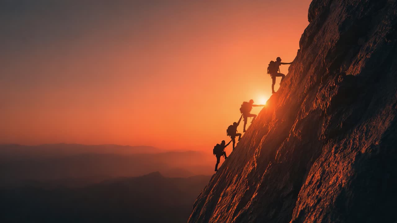 Silhouetted Climbers Ascend a Steep Mountain Cliff at Sundown, Battling the Elements and Embracing Adventure in Their Journey Towards the Peak