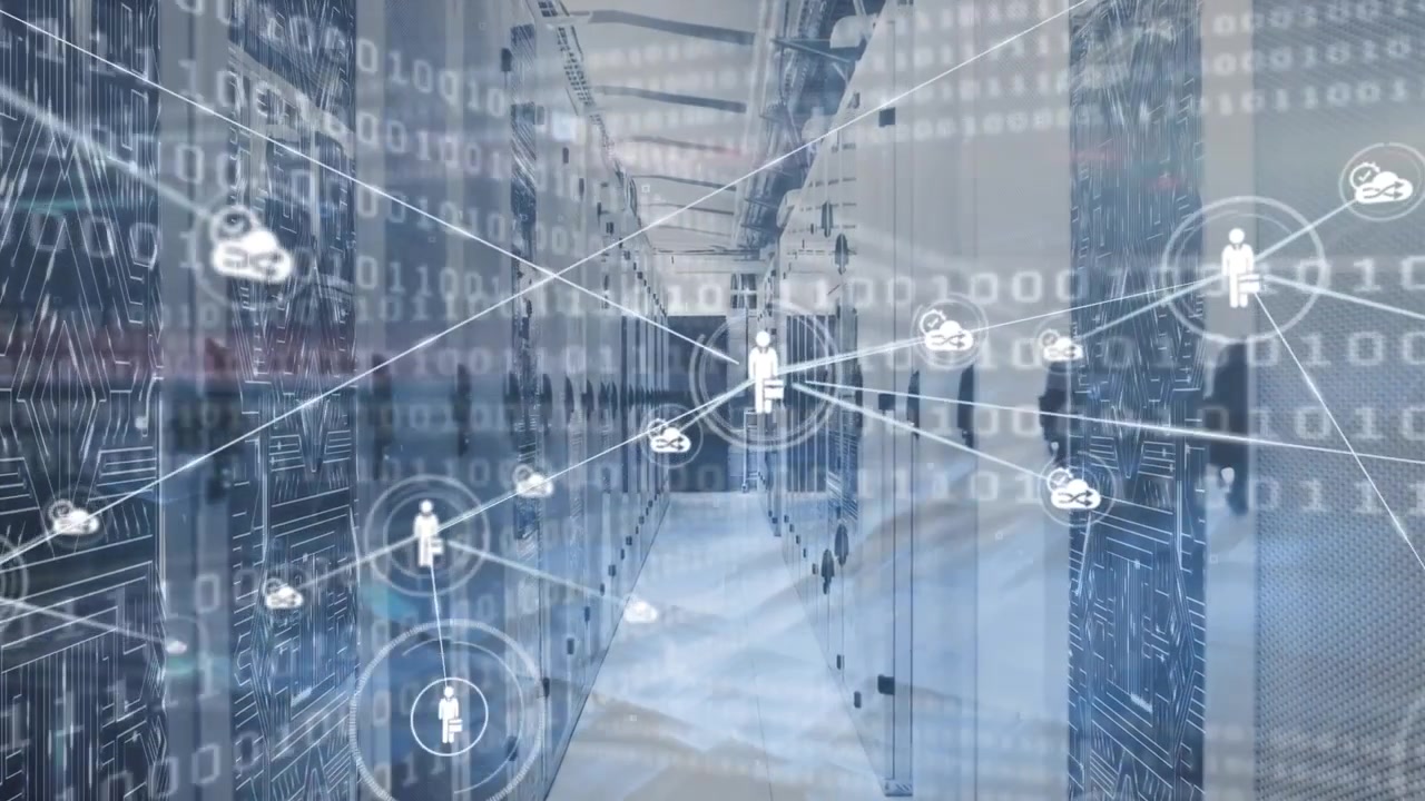 Animation of network of connections with icons over servers