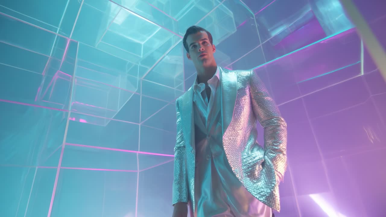 A Stylish Individual in a Futuristic Setting Showcases a Dazzling Silver Suit That Shimmers Under Soft Neon Lighting, Emphasizing Modern Fashion Aesthetics and Unique Visual Artistry