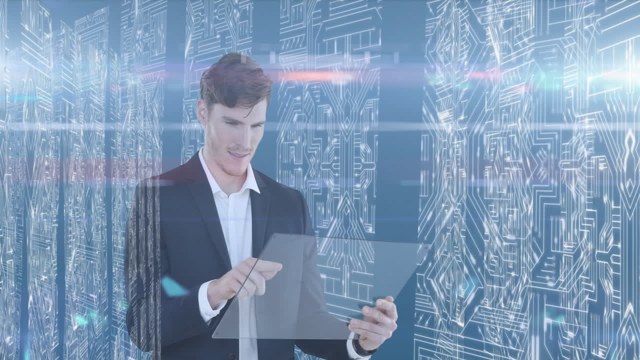 백인 사업가 가 서버 를 들고 스크린 을 만지고 있다