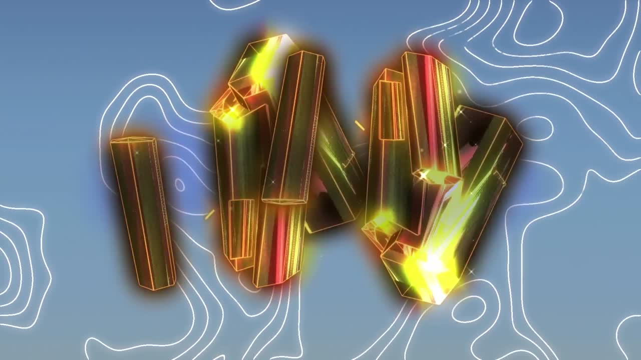 파란색 배경에 색 지도 선 위에 회전하는 반이는 금 블록의 애니메이션