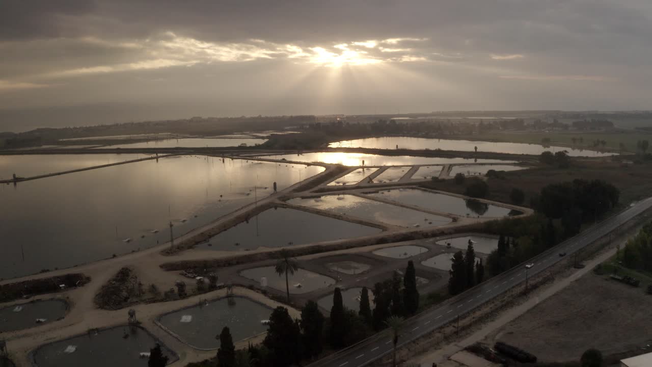 Aerial View of Agricultural Ponds at Sunrise/Sunset