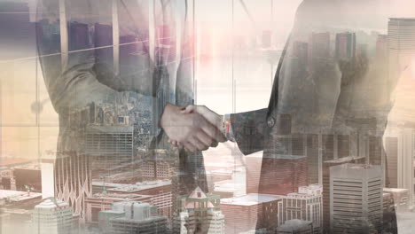 handshake between businessmen on a city background