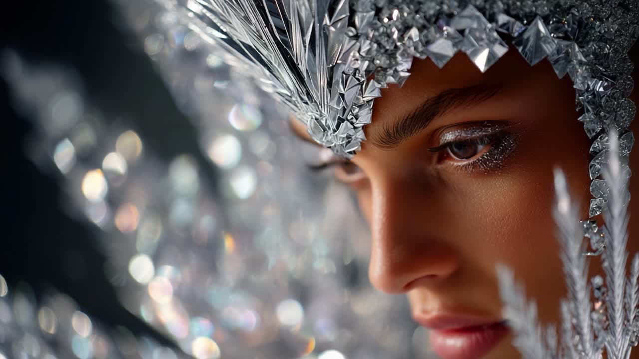 Captivating Portrait of a Woman Adorned in Shimmering Crystal Headpiece, Embodying Elegance and Sophistication in a Dazzling Display of Light and Texture