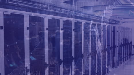 network of connections over server room against cityscape