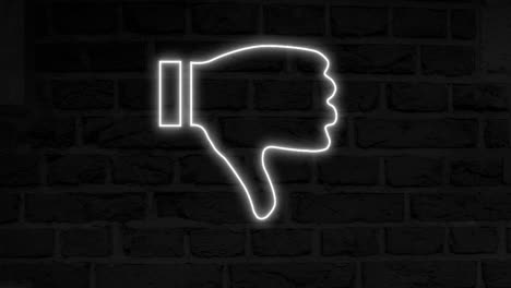 animación del icono del pulgar hacia abajo de neón brillante en la pared de ladrillo