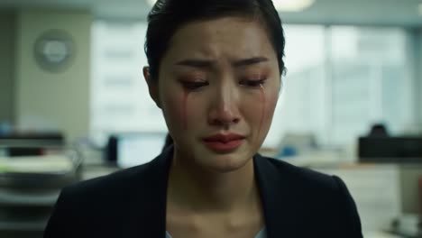 A woman in a corporate office struggles with her emotions, tears streaming down her face. Surrounded by a busy work environment, she faces a personal challenge.