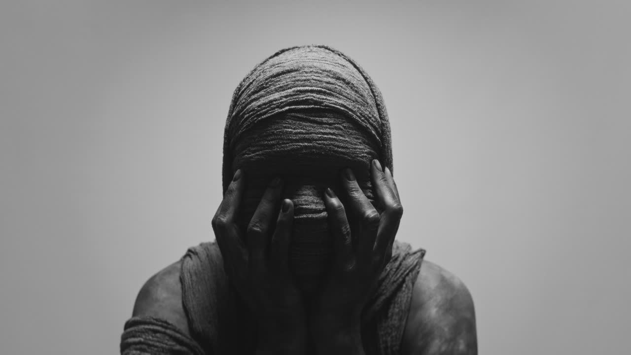 A mummified woman against the bright background in keeps her hands on her face the powerful pose full of despair