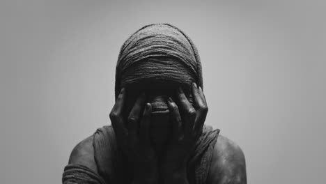 a mummified woman against the bright background in keeps her hands on her face the powerful pose full of despair