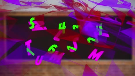 animación de números verdes y letras rosadas que cambian sobre formas flotantes rojas y púrpuras