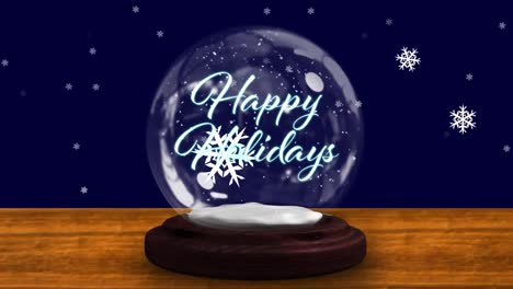 Animation-of-christmas-greetings-in-snow-globe-on-wooden-boards,-shooting-star-and-snow-falling