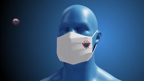 Multiple-covid-19-cells-floating-over-human-face-model-wearing-face-mask-against-blue-background