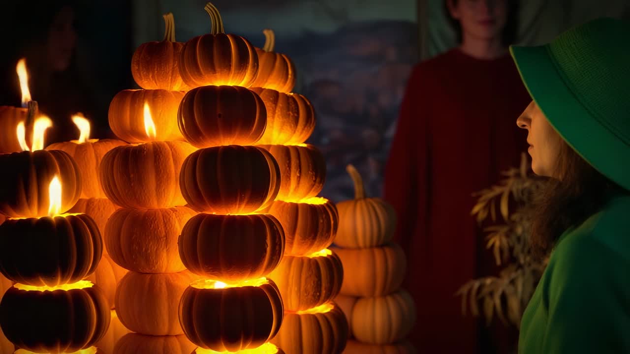 Children spotting flickering candle flame on pumpkins at harvest stall, mother joining