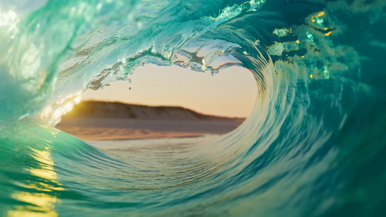 Time-based interior view following an ocean wave from initial curl through peak tubular barrel to final collapse near sandy shore