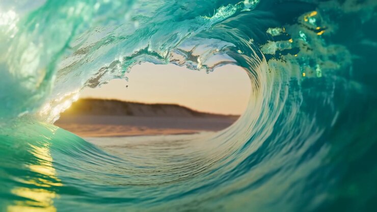 Time-based interior view following an ocean wave from initial curl through peak tubular barrel to final collapse near sandy shore