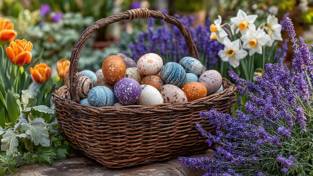 A Vibrant Easter Basket Overflowing with Colorful Hand-Painted Eggs Surrounded by Beautiful Flowers and Lush Greenery, Perfect for Celebrating Springtime Joy