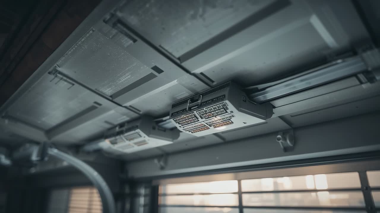 Tilting camera revealing opener housing at home garage, focusing on rail to reveal detail