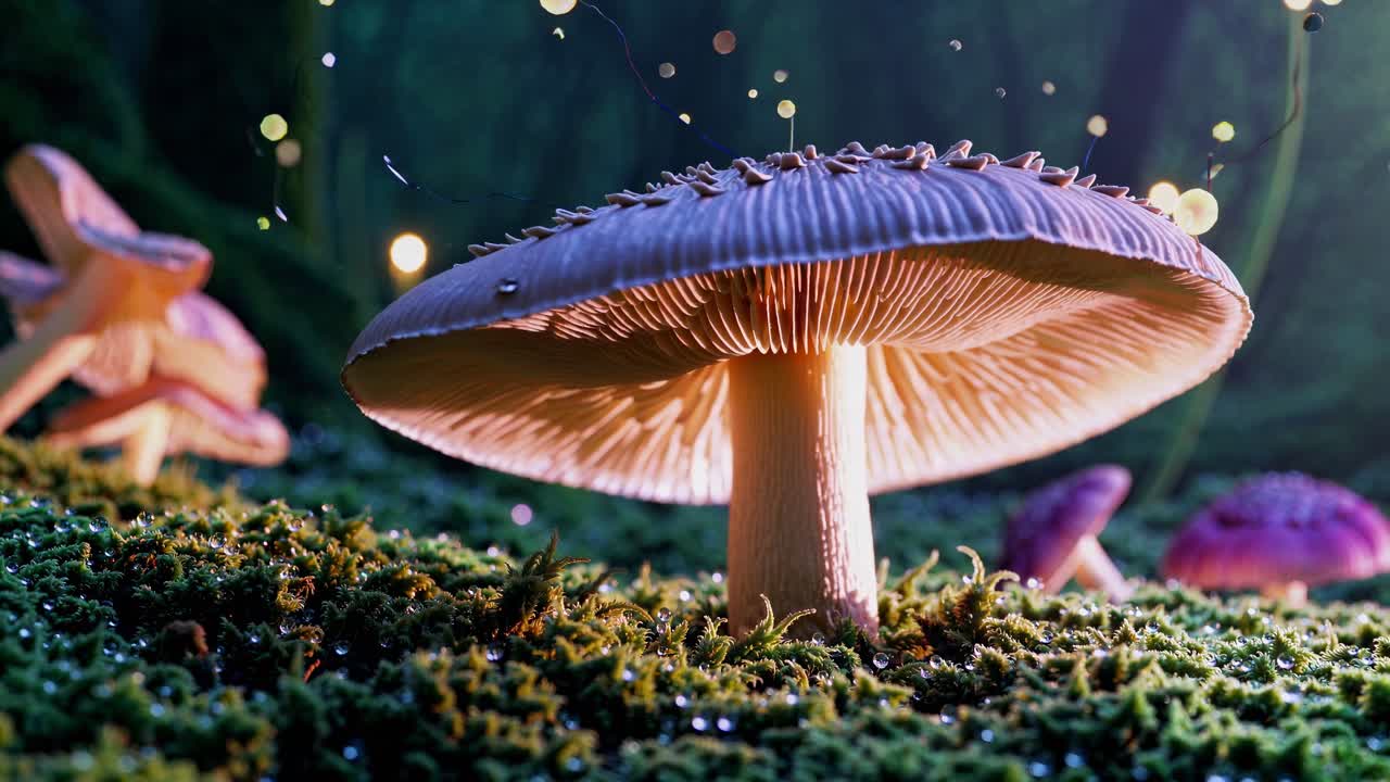 Video ripreso dal basso di un mistico sottobosco con funghi luminosi e luci bokeh soffuse