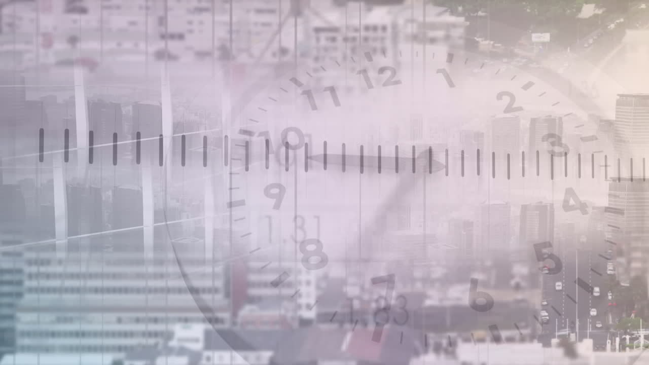데이터 처리 및 시계의 애니메이션 도시 풍경